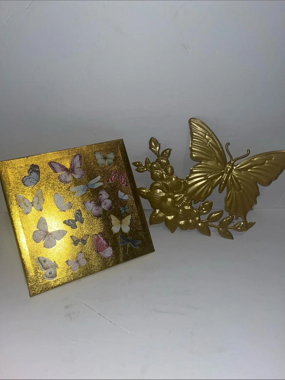 Gold Butterfly /Dragonfly Wall Art Decor Set -metal plaque & canvas Art-